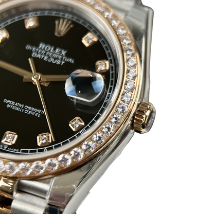 Datejust 36mm Black Dial Steel Yellow Gold Diamond Mens Watch 116243