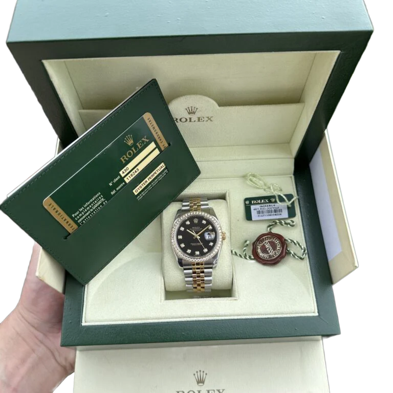 Datejust 36mm Black Dial Steel Yellow Gold Diamond Mens Watch 116243