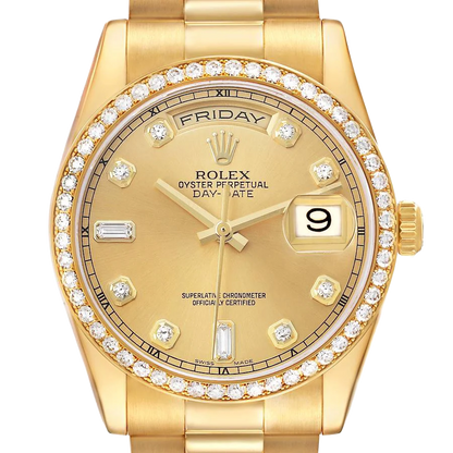 President Day-Date 36mm Yellow Gold Diamond Bezel Mens Watch 118348